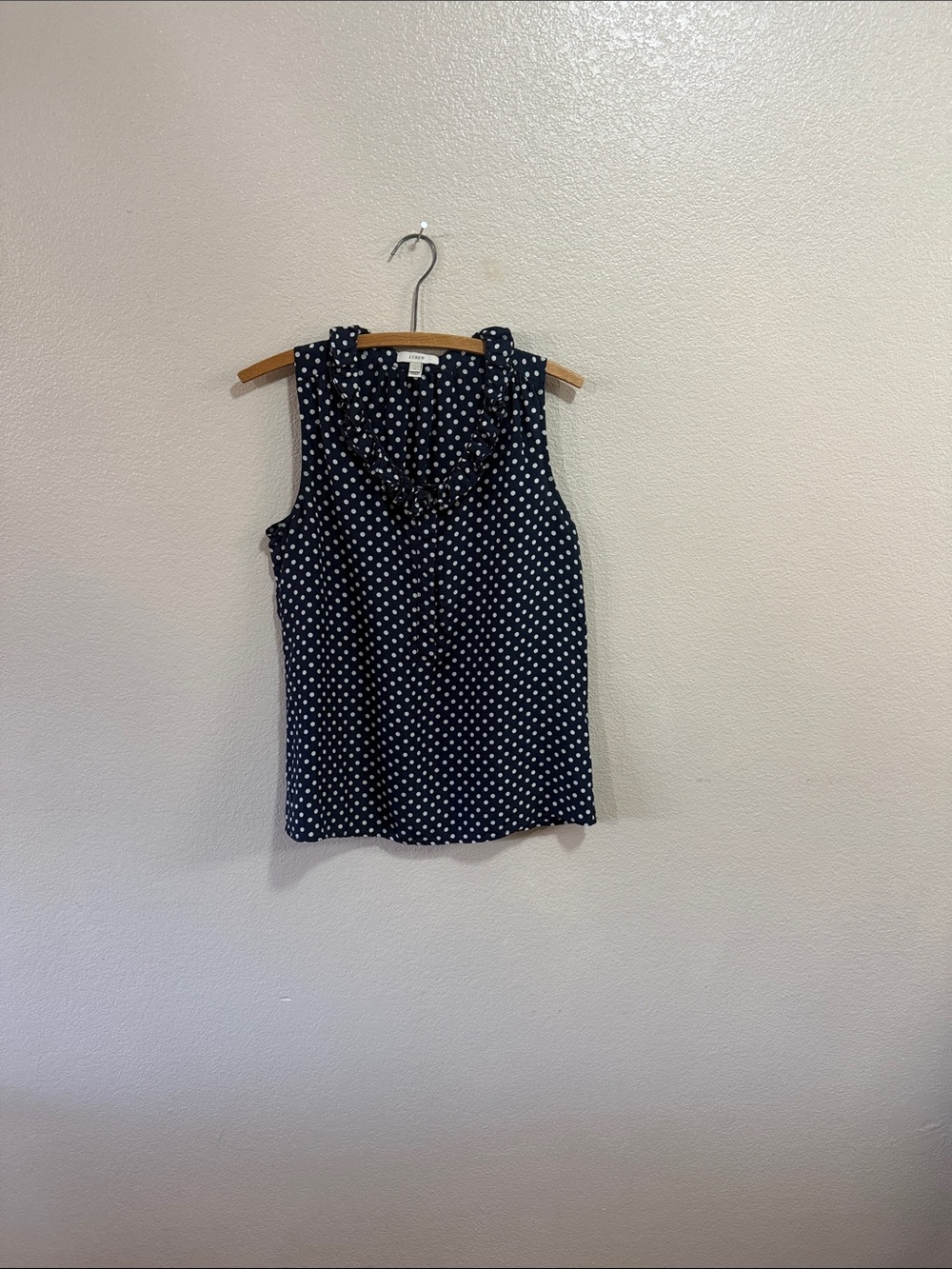 J. Crew 100% Silk Sleeveless Navy Polka Dot Ruffle Neck Top - Size 4